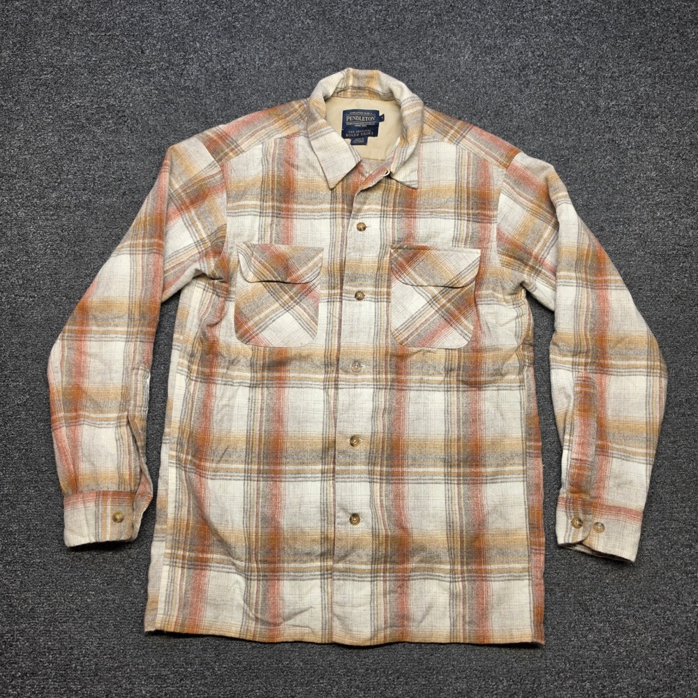 Pendleton Board Shirt Orange Tan Plaid Mens Small‎ Wool Loop Collar Flannel Camp